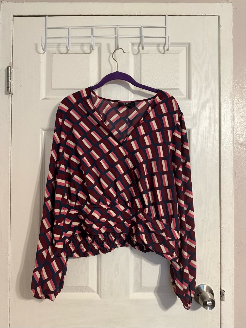 Geometric Print Wrap-Front Style  Blouse - Burgundy Pink Navy